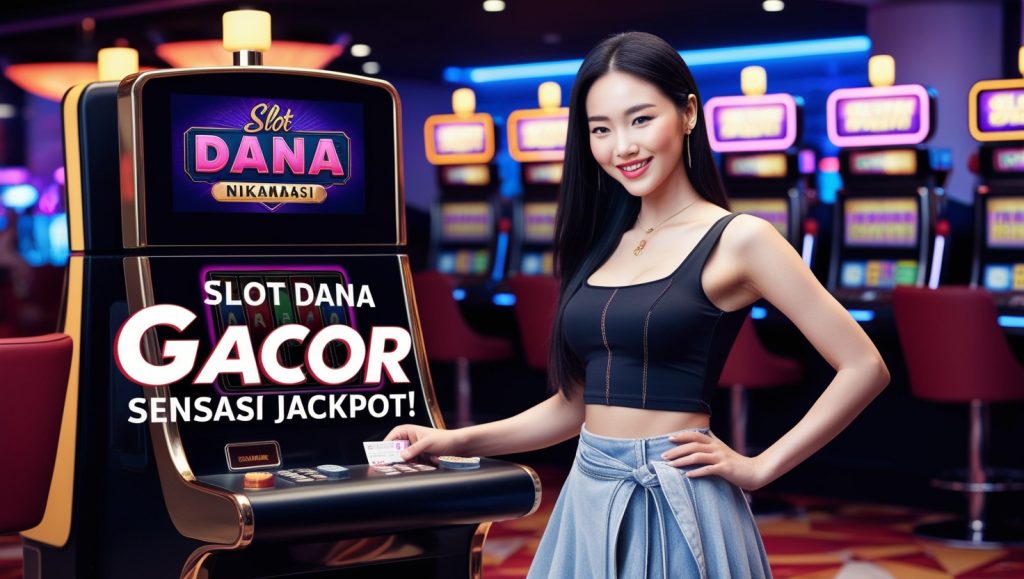 Ilustrasi mesin slot online dengan transaksi menggunakan aplikasi Dana, menampilkan peluang meraih jackpot besar meski dengan modal kecil.